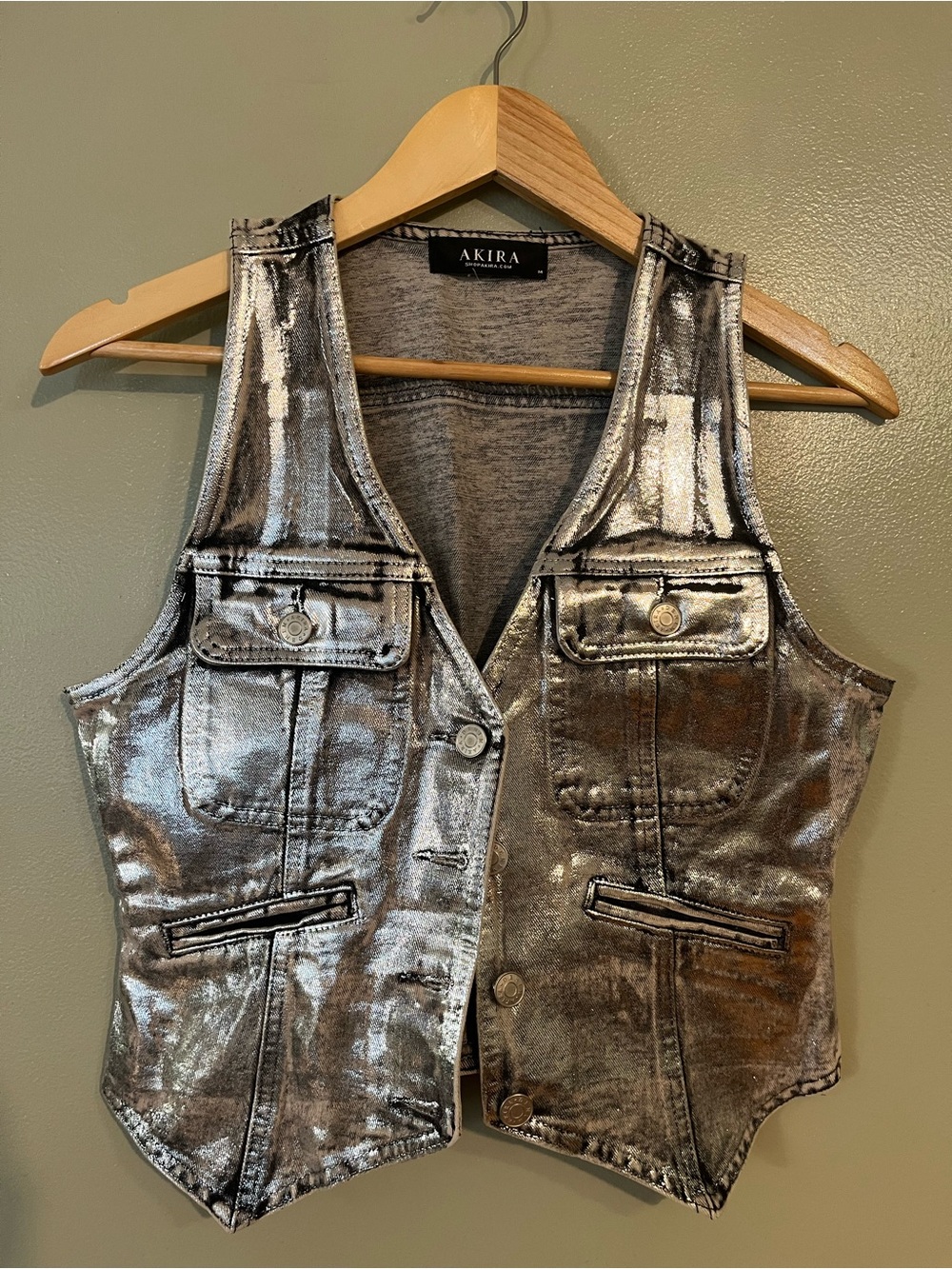 AKIRA Women's Metallic Silver Vest Denim M New